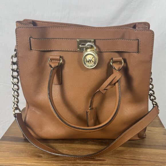 Michael Kors MK Hamilton Leather Tote Shoulder Bag Brown Large - Picture 1 of 11